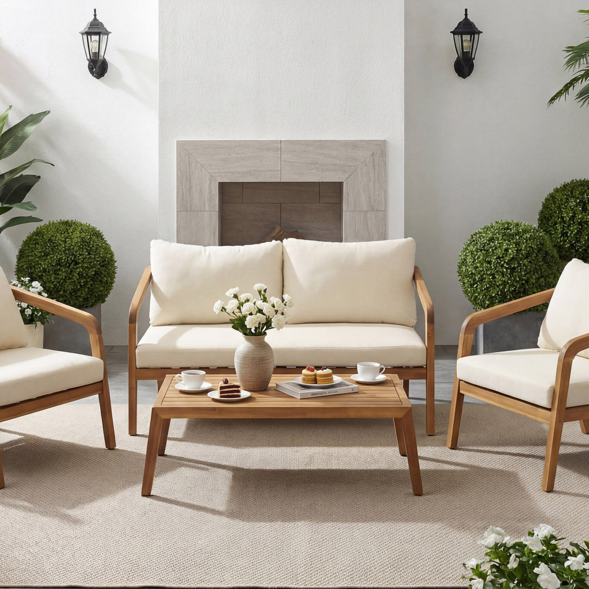 2-Piece Outdoor Loveseat & Coffee Table Set Acacia Wood Frame with PE Wicker Back & Water-Resistant Cushions