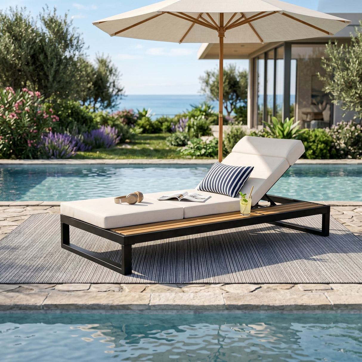 Black Iron & Teak Finish Chaise Lounge Set