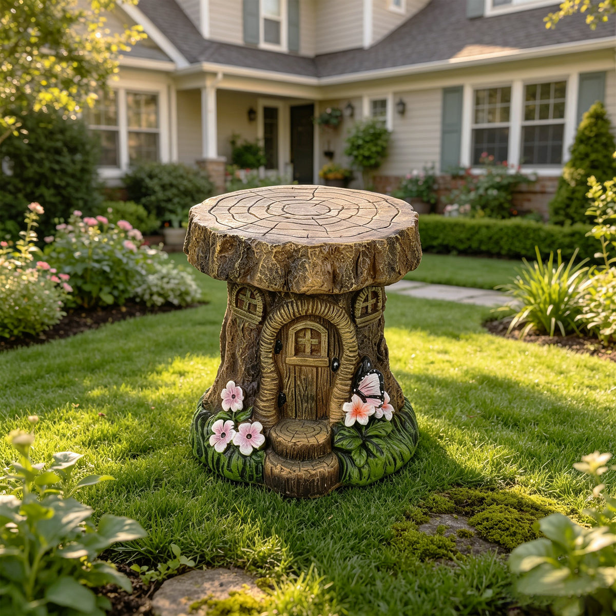 Tree Stump Fairy House Sculptures Garden Statue Stool with Whimsical Design
