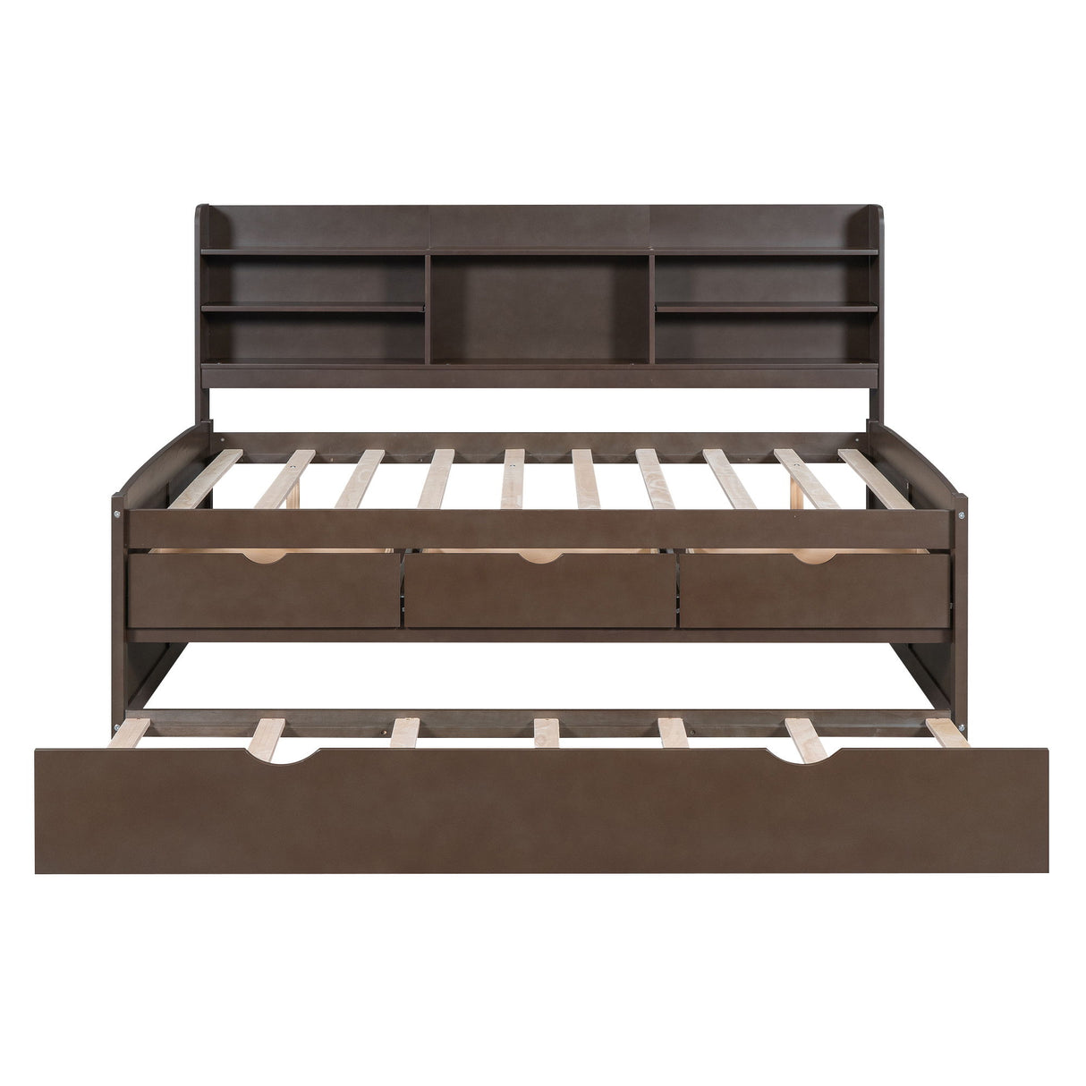 Captain Bed With Built In Bookshelves, 3 Storage Drawers, And Trundle
