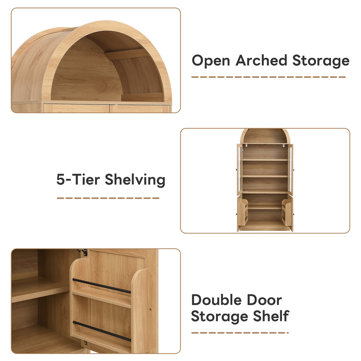Tall Arched Top Storage Cabinet with Tempered Glass Doors