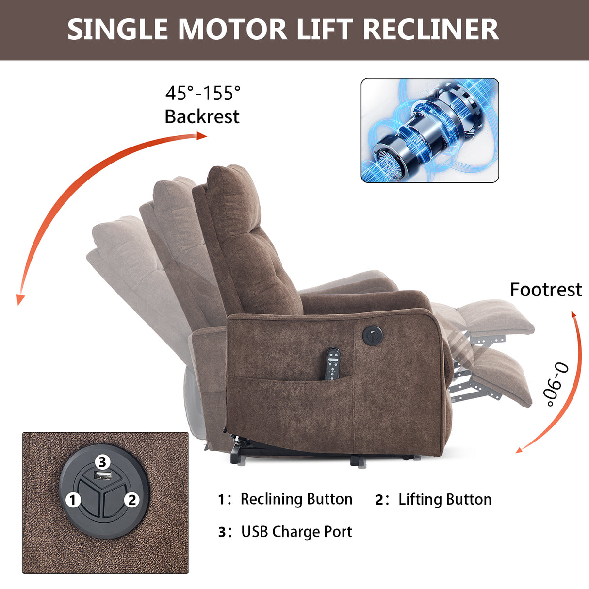 Brown Chenille Single Motor Power Lift Recliner Chair