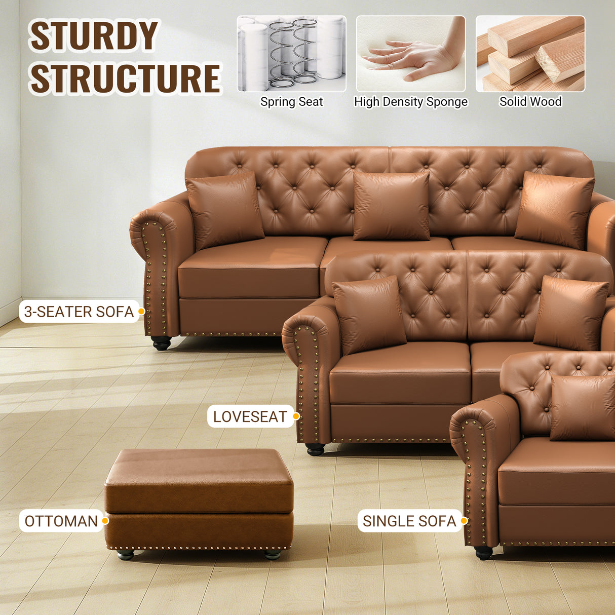 63" Upholstered Faux Leather Sofa with Nailhead Trim