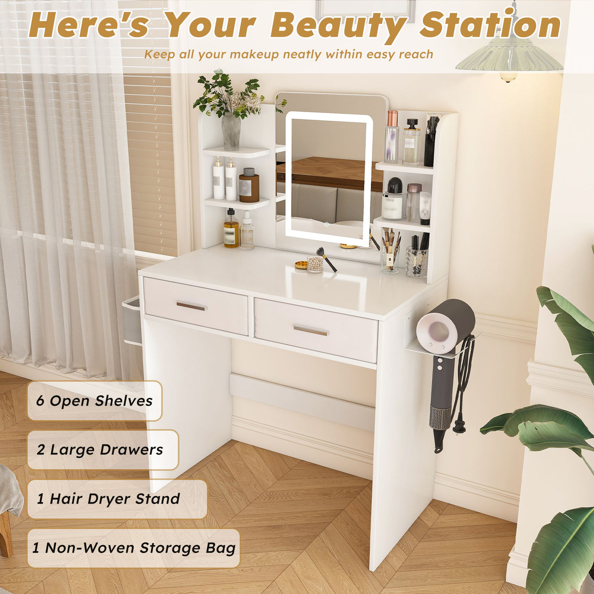Elegant LED Mirror Vanity Dressing Table With Adjustable Lights, Drawers & Storage - White