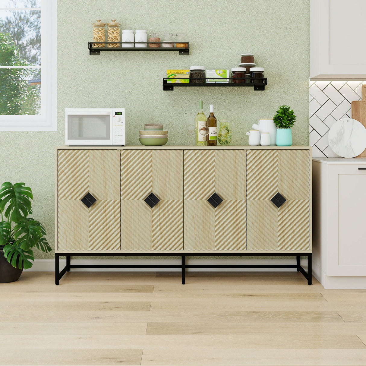 Carved 4 Door Sideboard With Storage, Adjustable Shelf