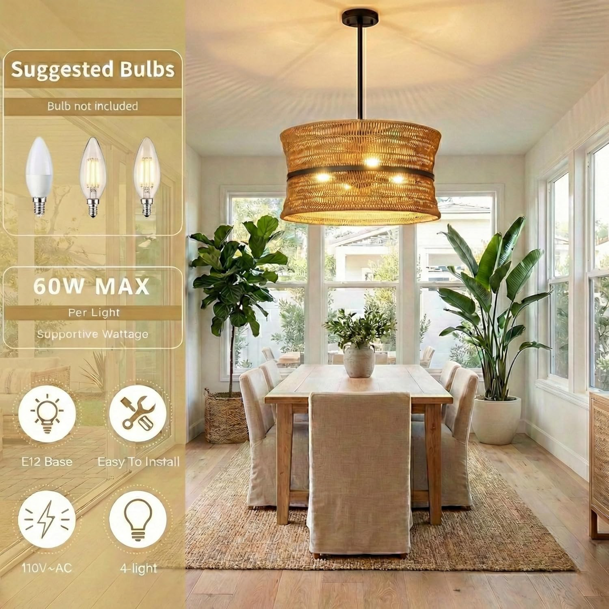 Wicker Boho Chandelier, 4-Light Coastal Rattan Pendant, 18-Inch Hand Woven, Beige
