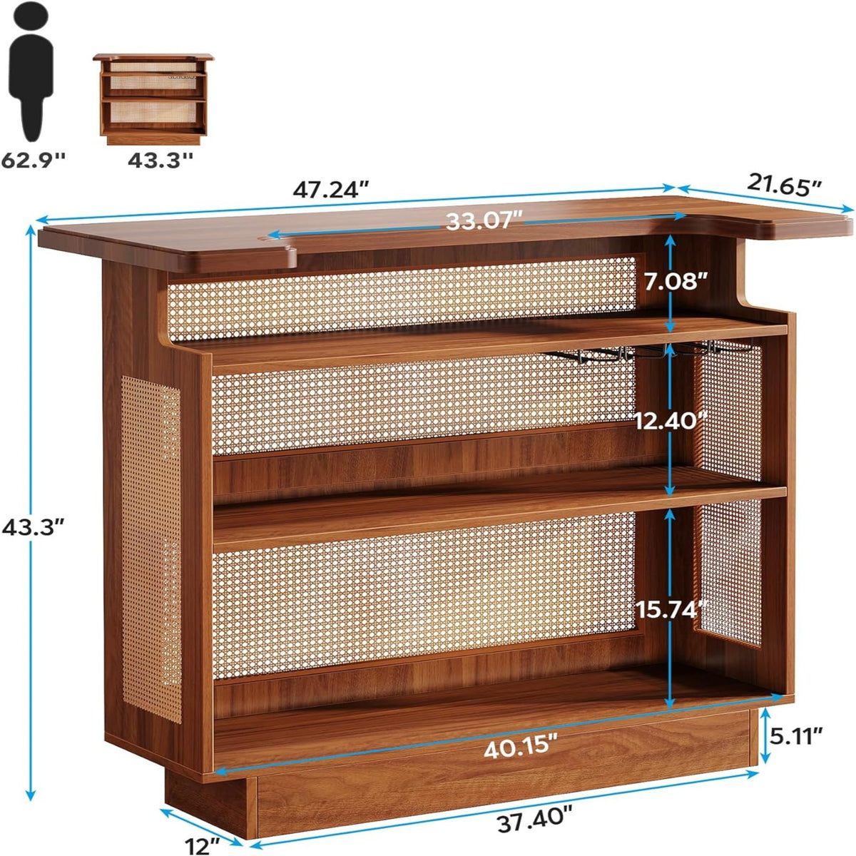47.24 Inches Farmhouse Rattan Bar Unit