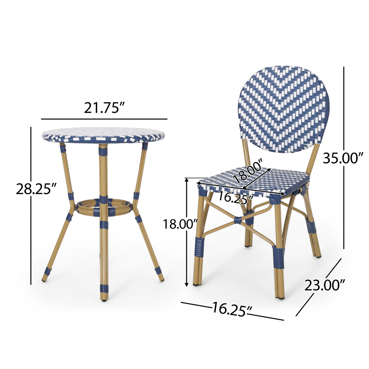 Outdoor Aluminum 3 Piece French Bistro Set with Durable Wicker - Bamboo Print Finish