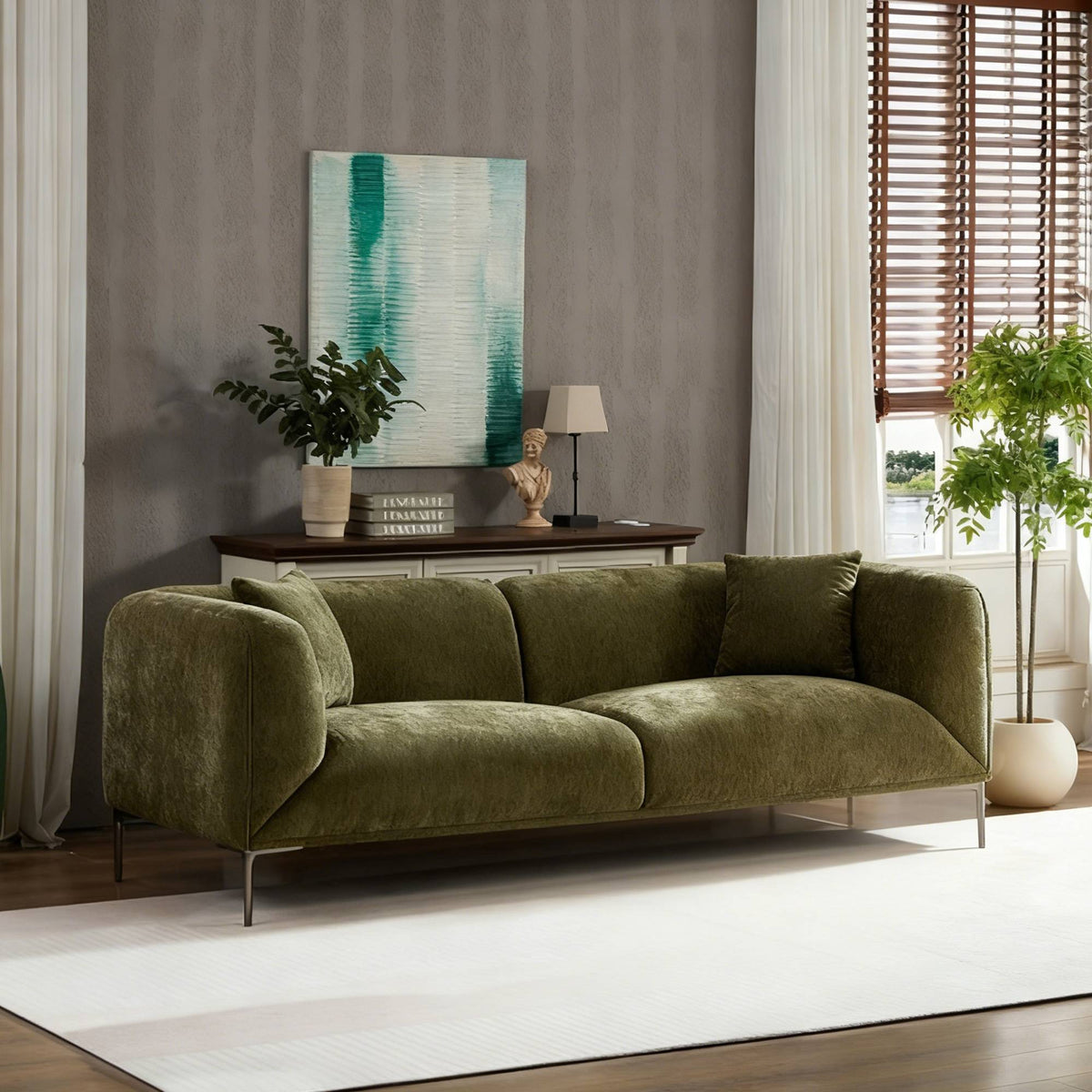 Modern 3-Seat Sofa, 82-Inch, Green Boucle Fabric
