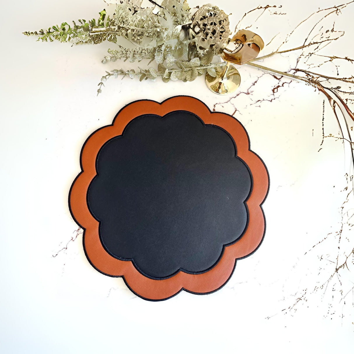 Serenity Black Orange Scalloped Faux Leather Placemat