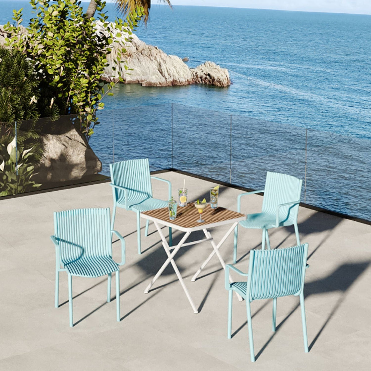 Blue Vanilla 4 Modern Stackable Plastic Armchair Matched With Folding Square Table - view 2