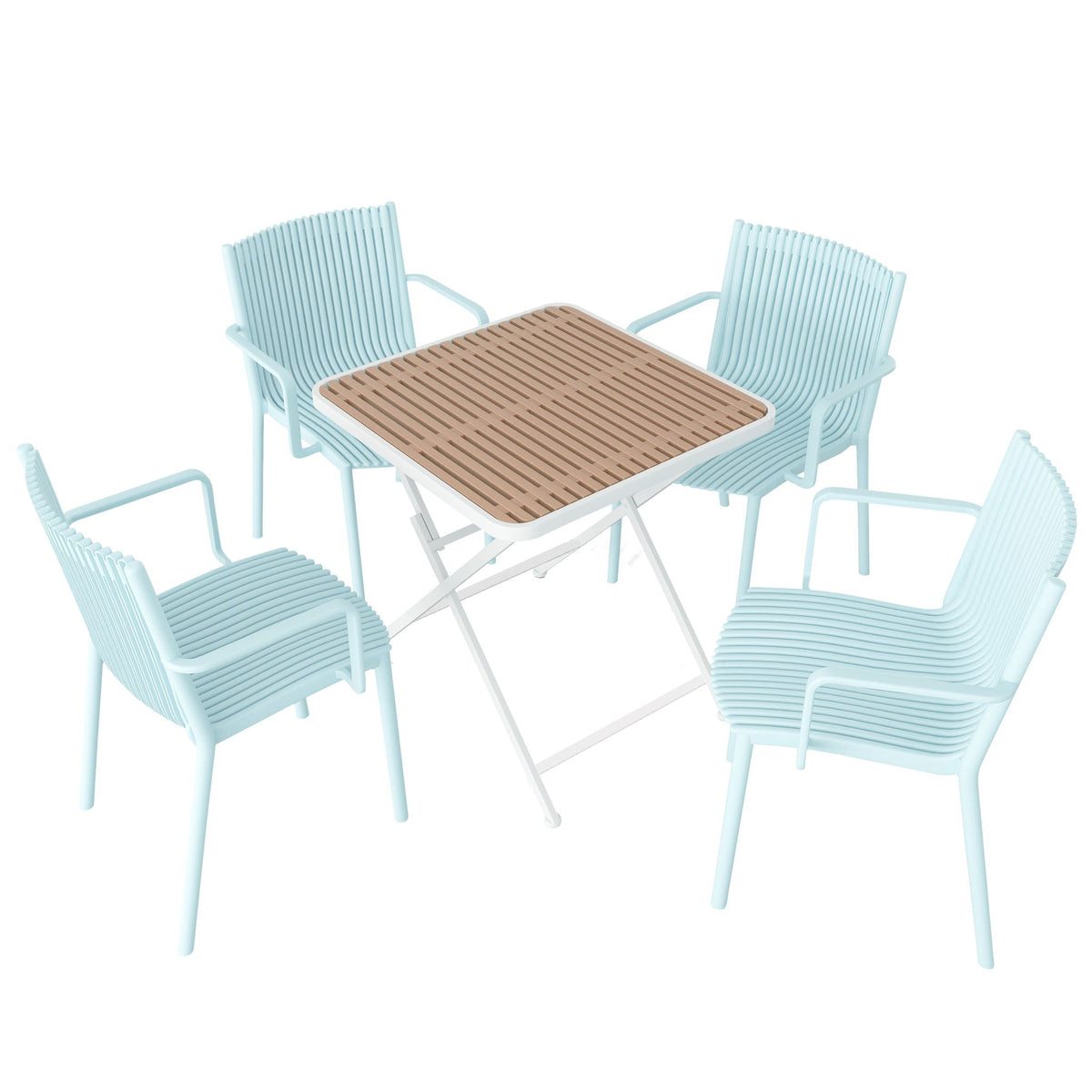 Blue Vanilla 4 Modern Stackable Plastic Armchair Matched With Folding Square Table in Light Blue