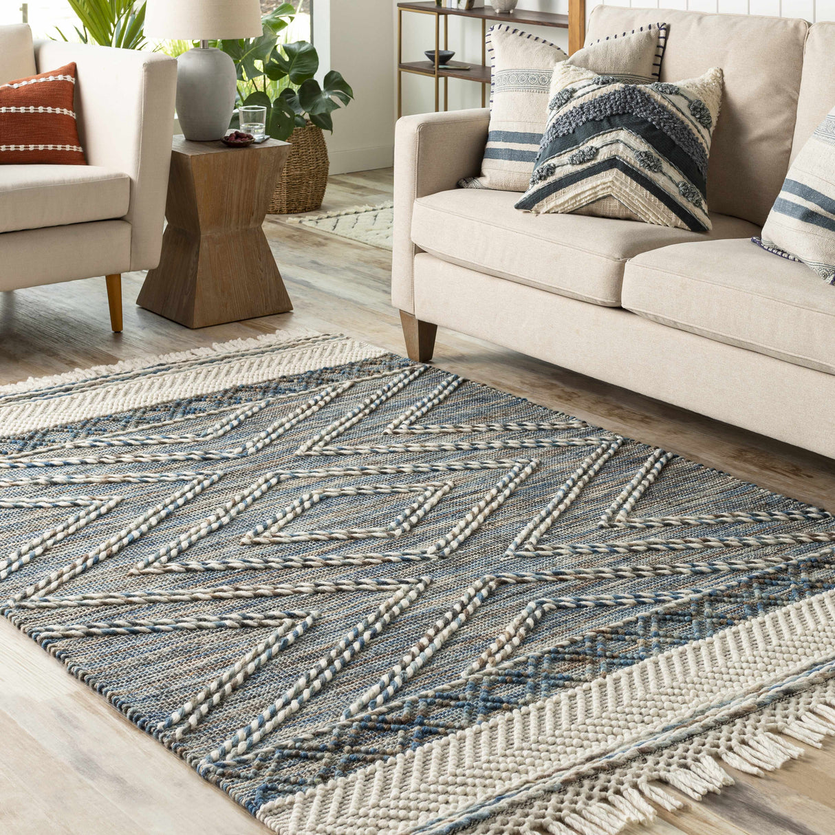 Blue Bogwalk Wool Blend Braided Tassel Area Rug - Clearance