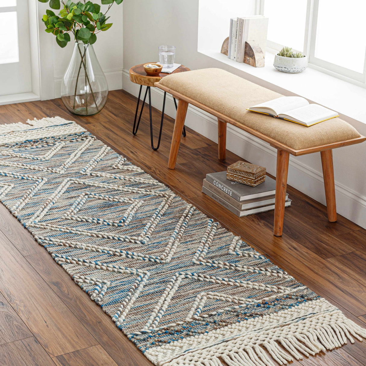 Blue Bogwalk Wool Blend Braided Tassel Area Rug - Clearance