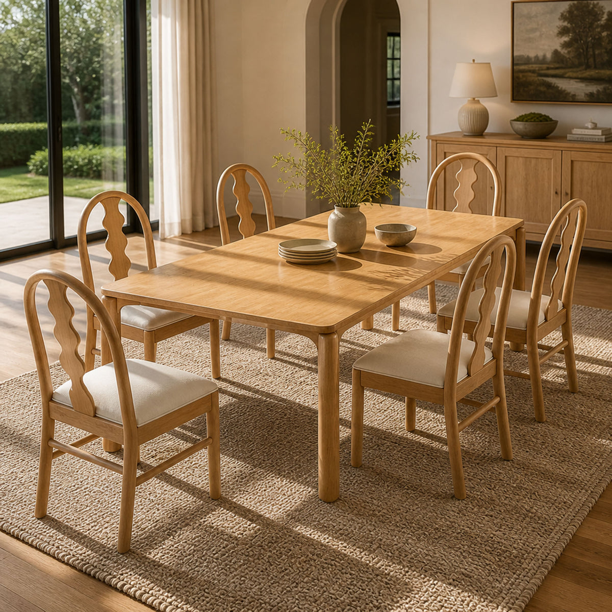 7-Piece Dining Table Set, 70" Solid Rubber Wood Dining Table with 6 Wave Back Dining Chairs