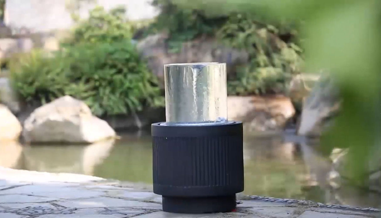 Heavy Cement Round Ribbed Outdoor Water Fountain With Light - Black White