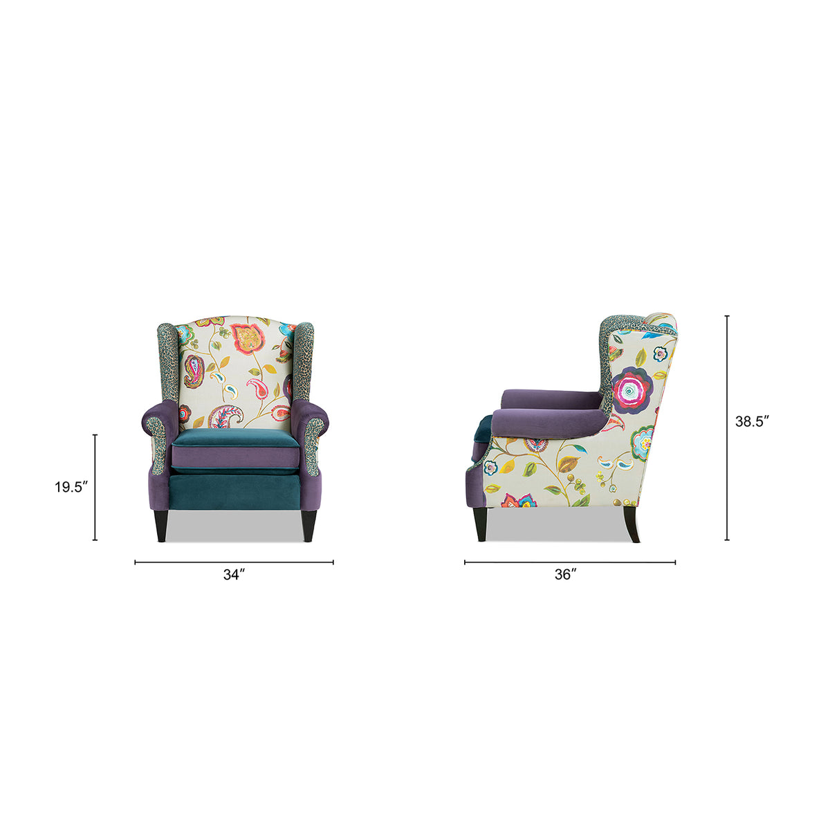 Anya Boho Chic Wingback Accent Chair, Floral & Leopard Print, Teal Multi