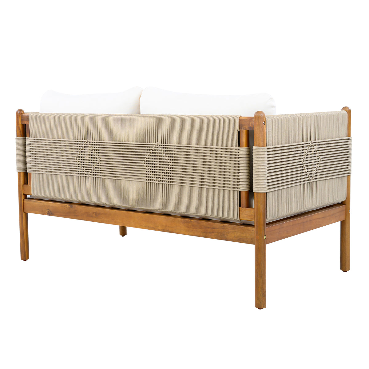 Outdoor Acacia Wood Loveseat with Diamond Rope Weave & Cushions