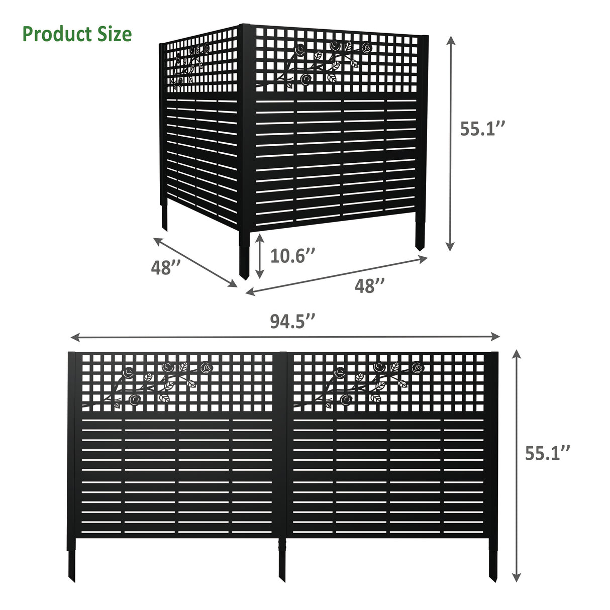 W48" x H47.3" Metal Privacy Screen with Rose Design