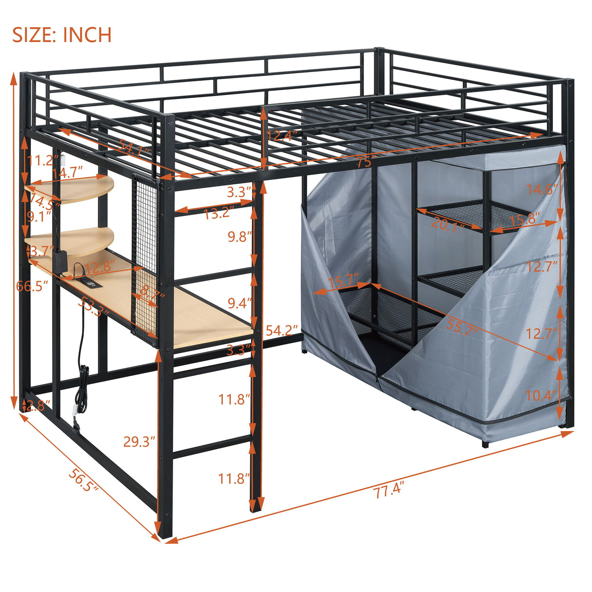 Loft Bed With Desk, Shelves, Power Outlet, LED Light And Wardrobe