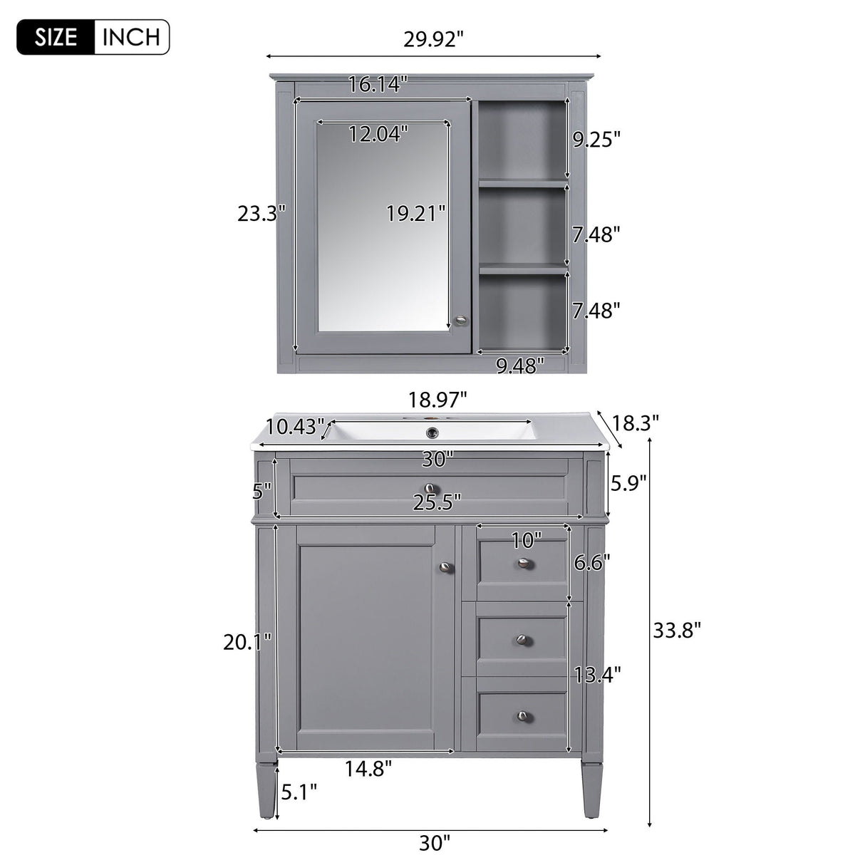Bathroom Vanity With Top Sink, Storage Cabinet & Mirror - Gray