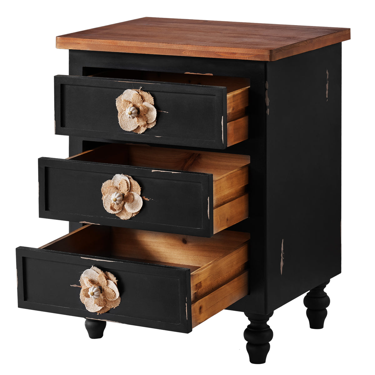 Vintage Farmhouse End Table with Floral Knobs, 19-Inch, 3-Drawer Nightstand, Antique Black