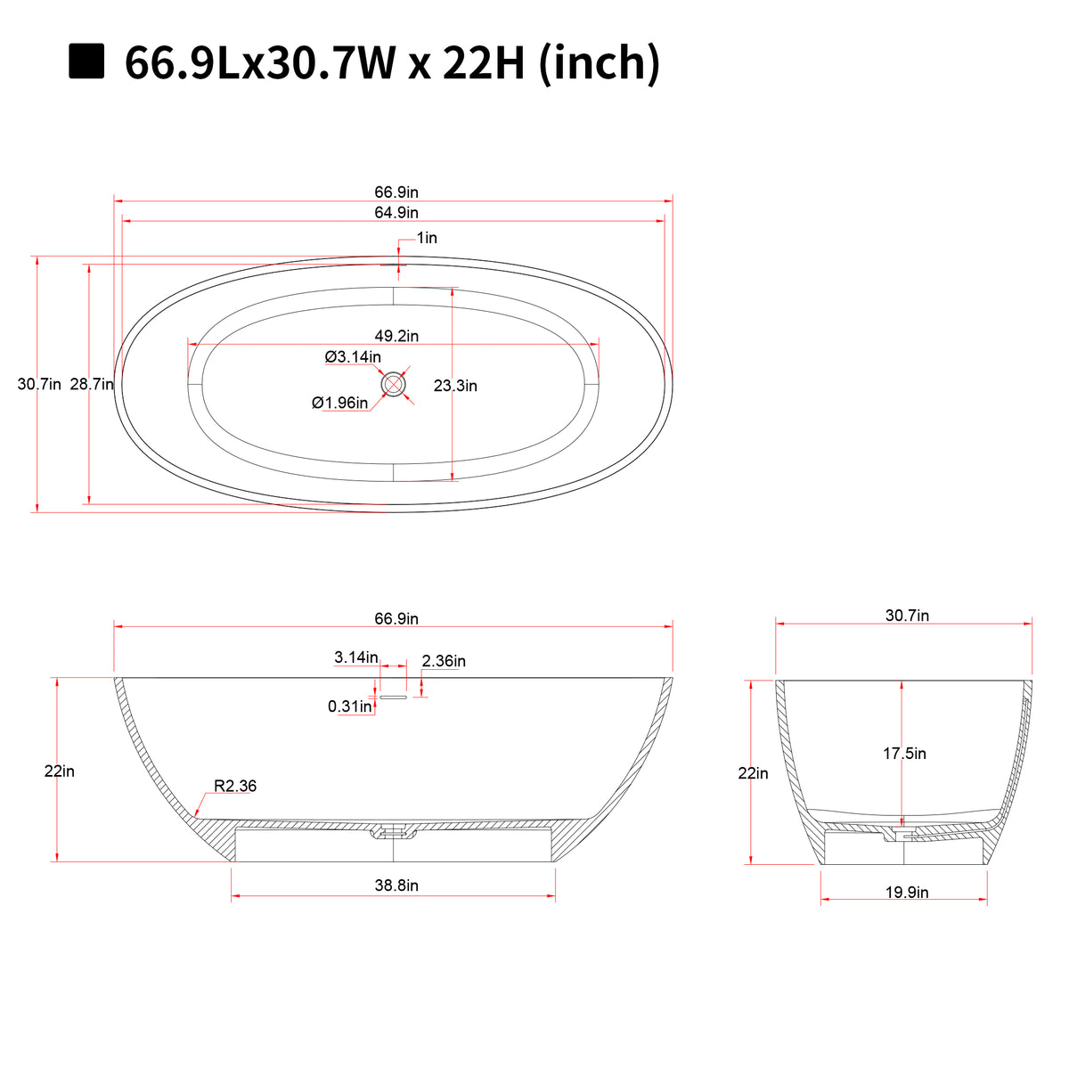 67" Freestanding Bathtub with Pop-up Drain