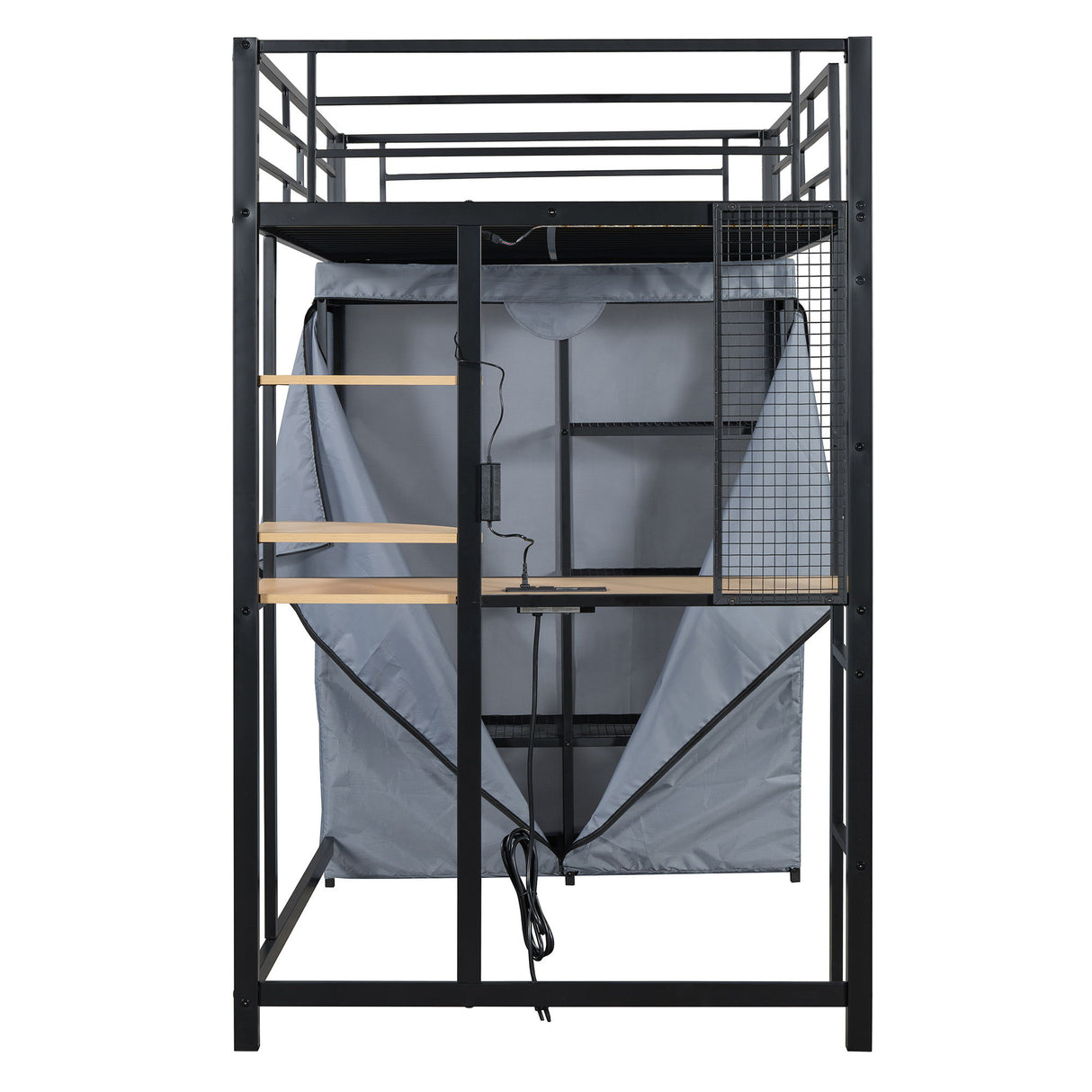 Loft Bed With Desk, Shelves, Power Outlet, LED Light And Wardrobe