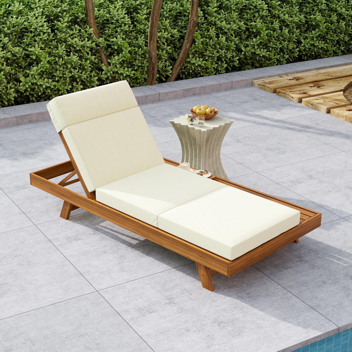 Acacia Wood Lounge Chaise Set With Headrest And Water Resistant Cushions - Beige - Best Buy Furniture