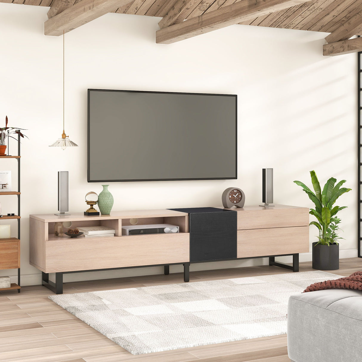 TV Stand For 80'' TV With Double Storage Space, Media Console Table With Drop Down Door