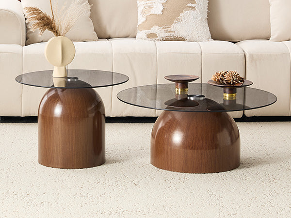 Nesting Coffee Table Set of 2 with Glass Desktop in Walnut