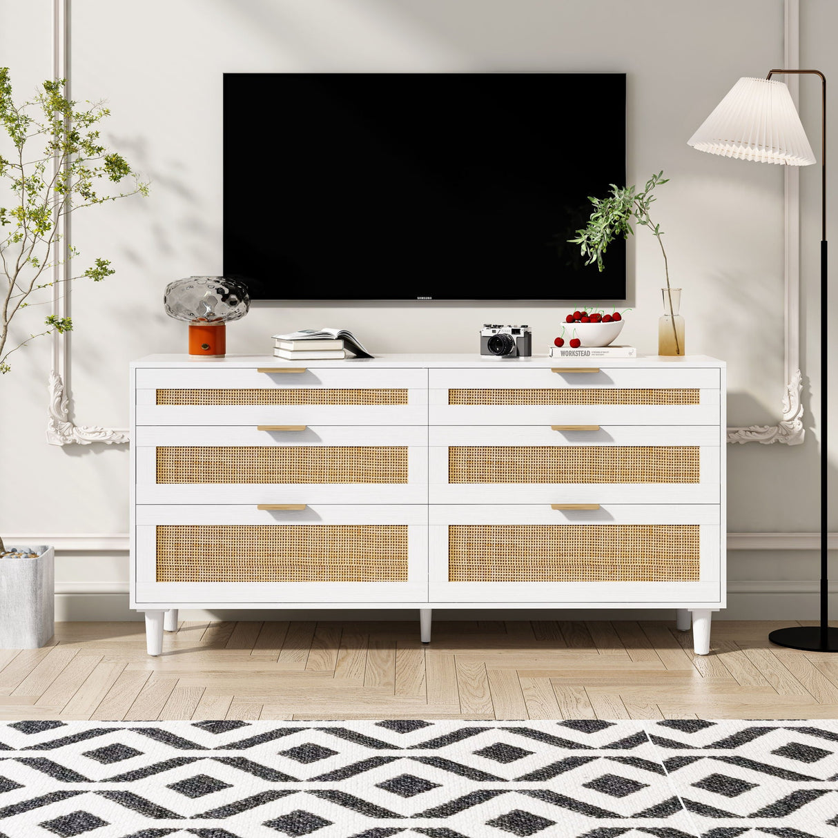 Rattan Dresser With 6 Drawers, Wooden Legs & Metal Handle
