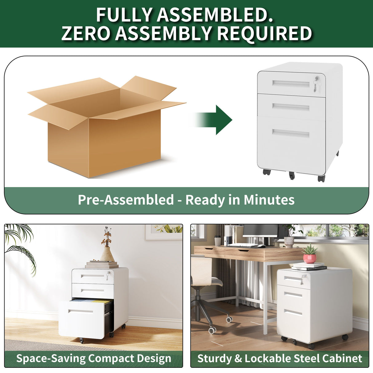 3-Drawer Mobile File Cabinet With Lock, On Casters, Holds A4/Letter Files