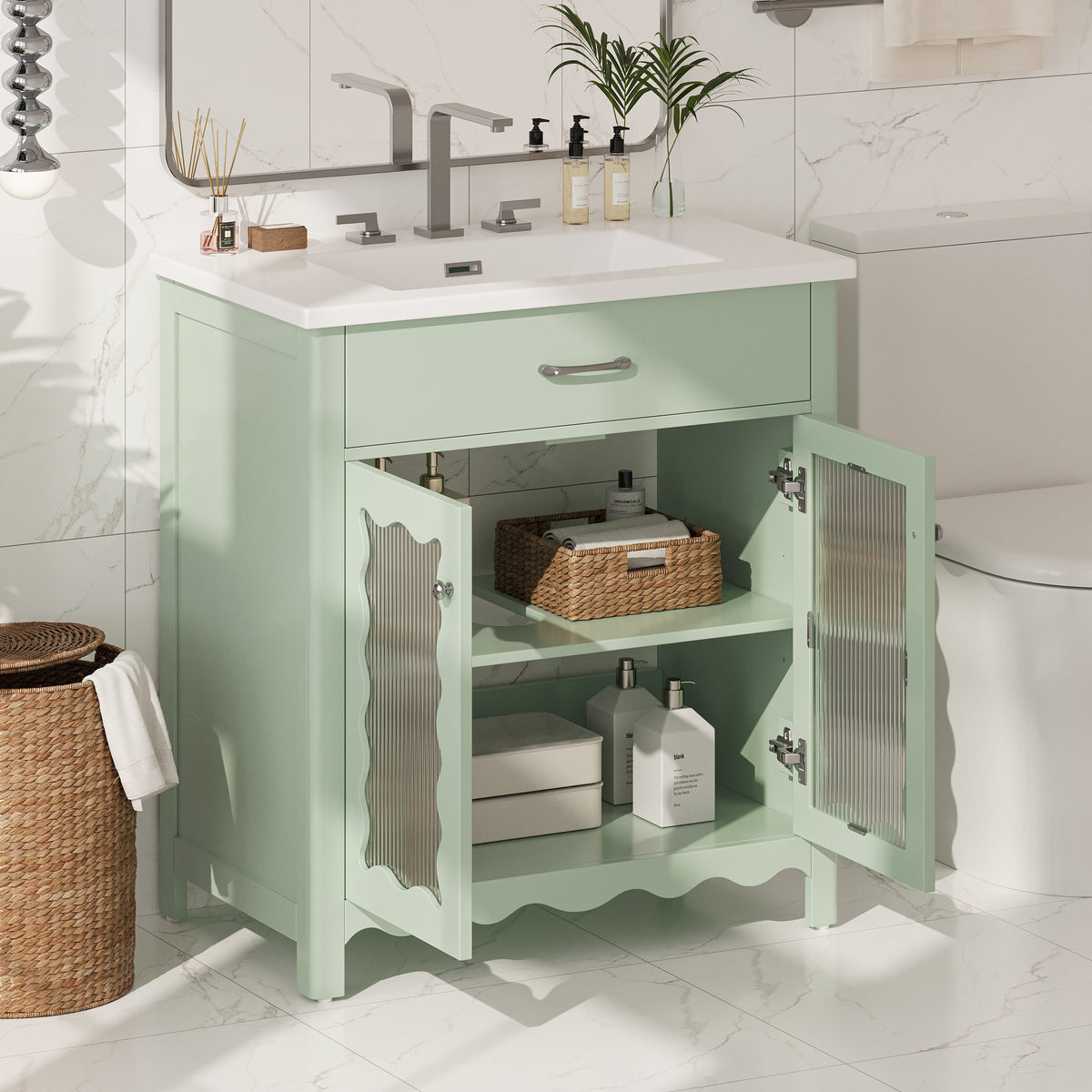 30 Inches Bathroom Vanity with Tempered Glass