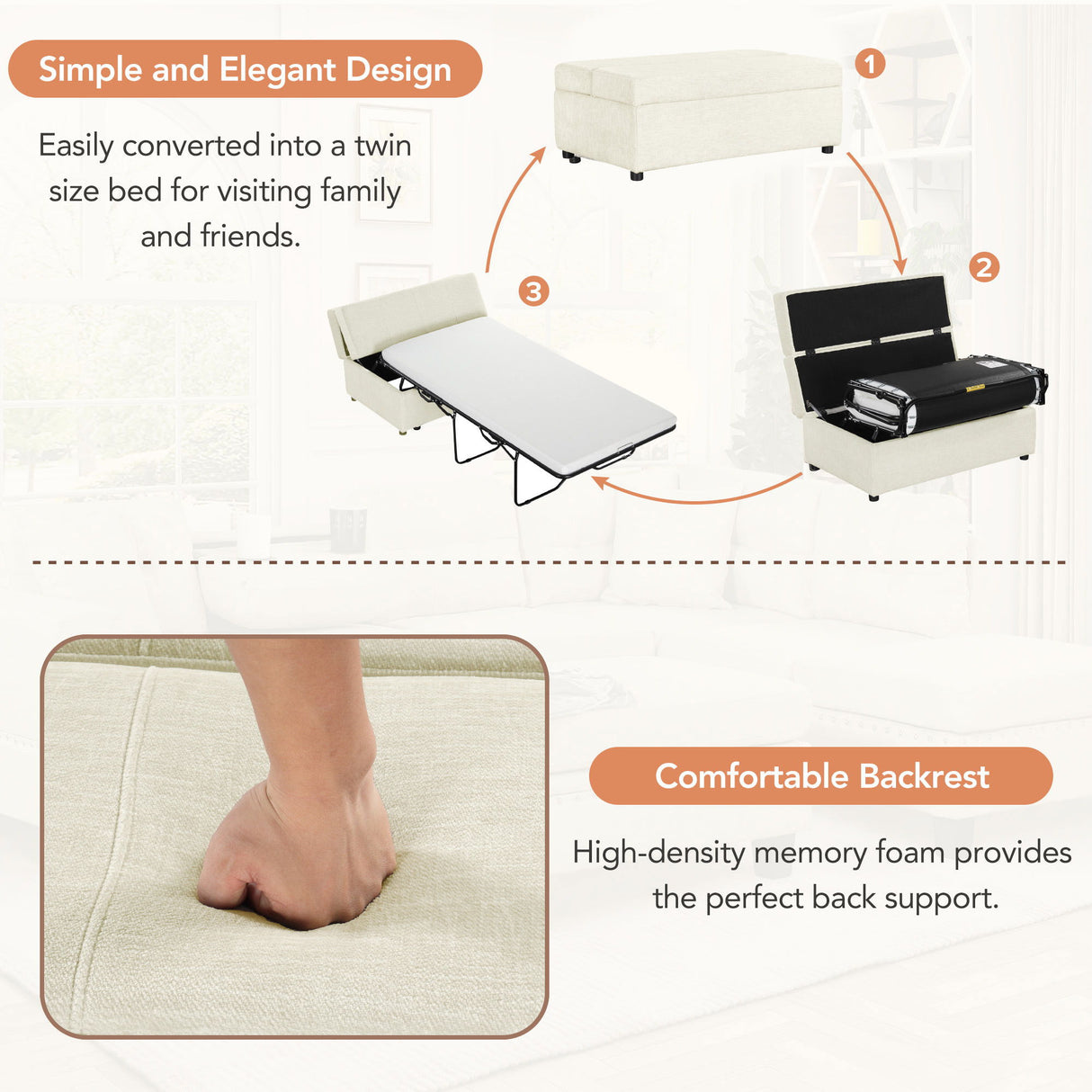Twin Size Folding Ottoman Sleeper Bed With Mattress Convertible Guest Bed