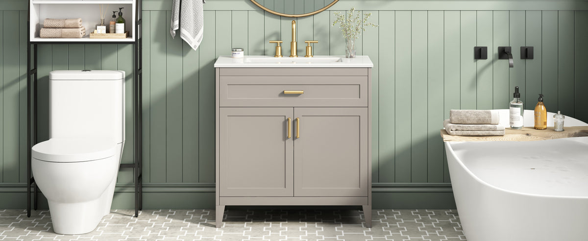 30" Bathroom Vanity with Ceramic Sink Top, Solid Wood Legs