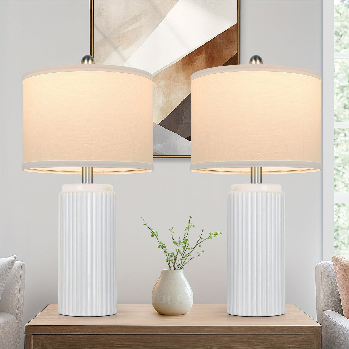 Farmhouse Table Lamps Set of 2 – Ceramic Base Bedside Lamps for Bedroom & Living