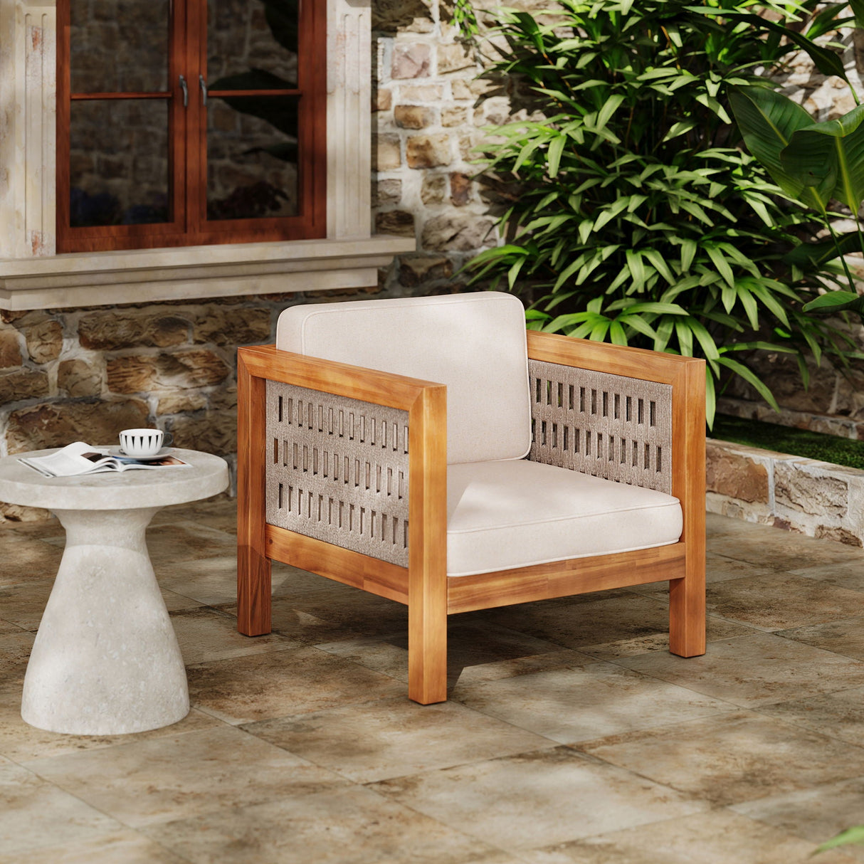 Outdoor Club Chair with Rope Arm and Cushions - Beige / Teak