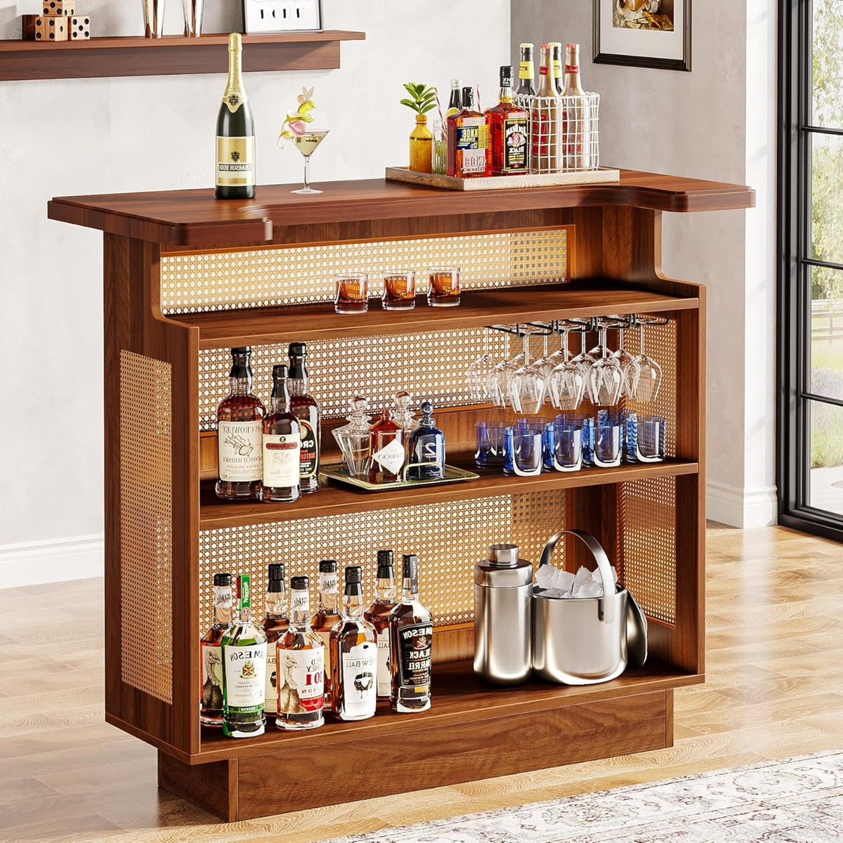 47.24 Inches Farmhouse Rattan Bar Unit