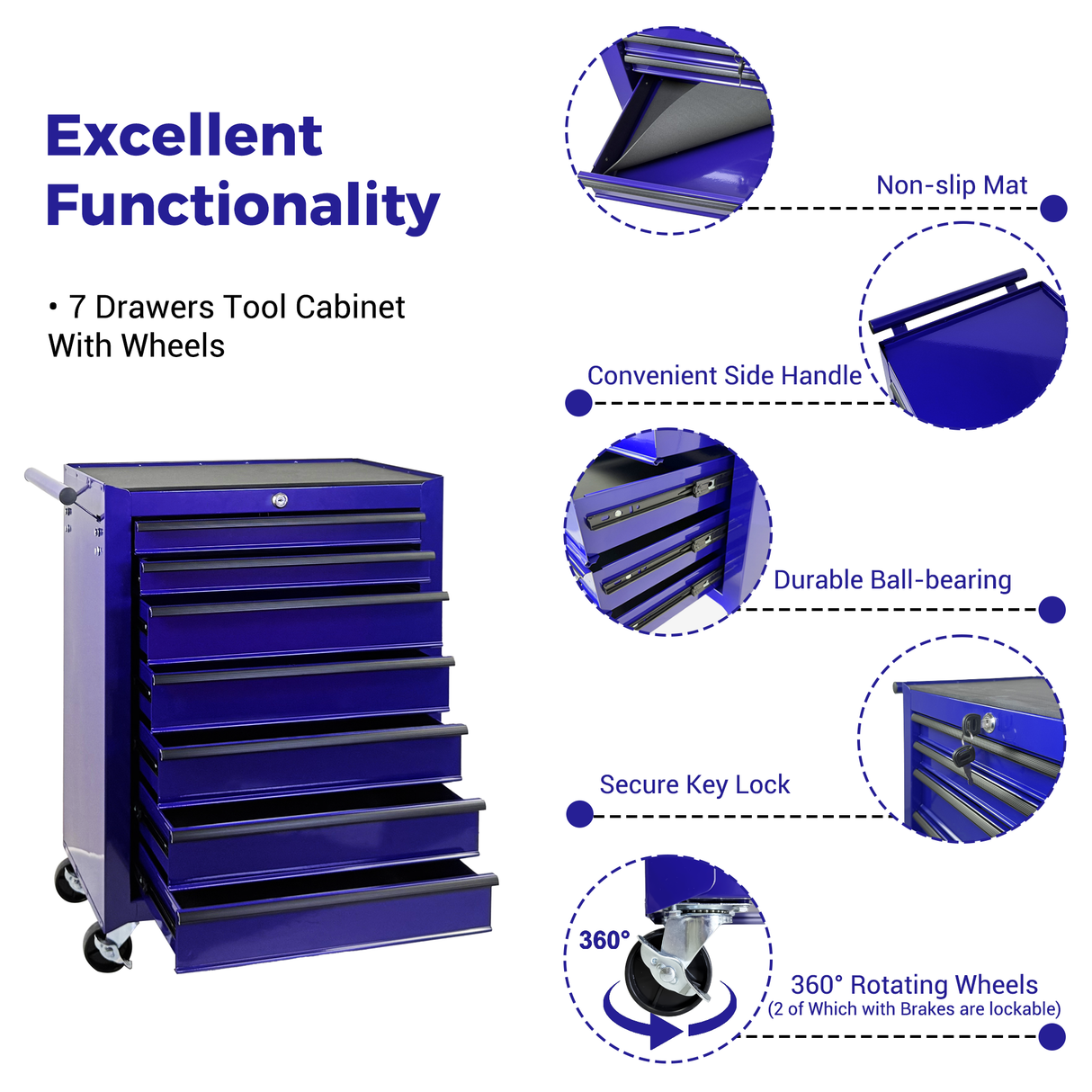 Rolling Metal Tool Chest with 7 Drawers, 20" Steel Cabinet - Purple