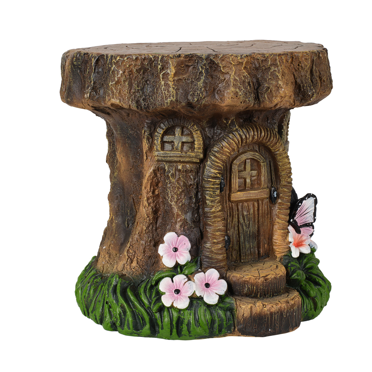 Tree Stump Fairy House Sculptures Garden Statue Stool with Whimsical Design
