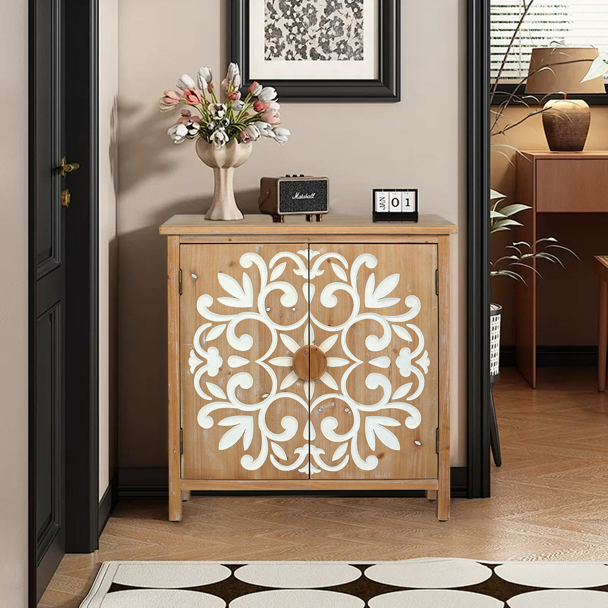 Rustic Wooden Accent Cabinet with Floral Carved Doors