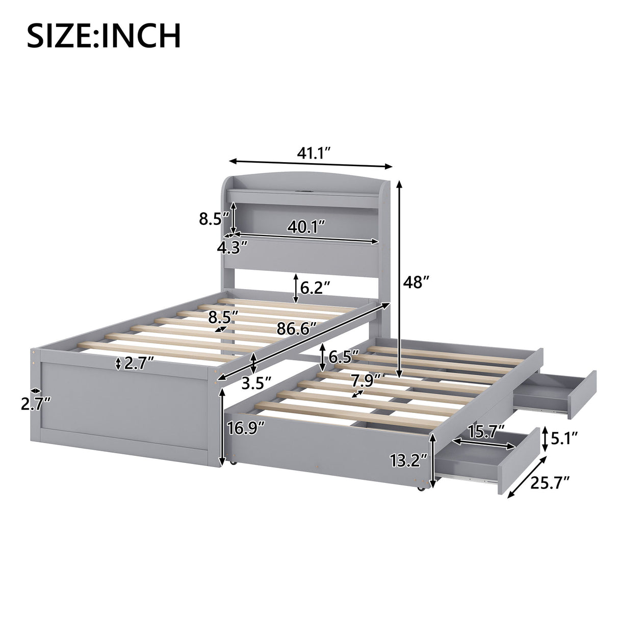 Platform Bed With LED Headboard, Charging Station, Trundle And 2 Drawers