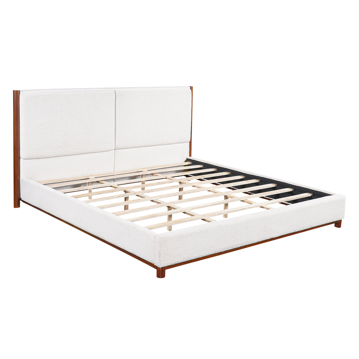 King Size Upholstered Bed Frame with Slat Support - White & Walnut