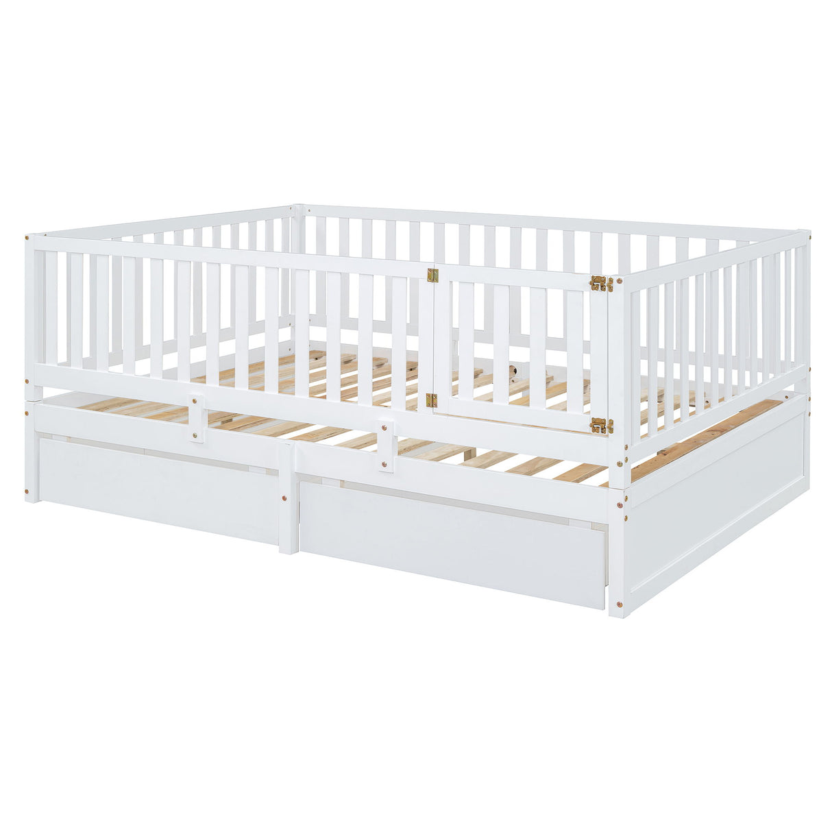 Daybed With Fence Guardrails And 2 Drawers, Split Into Independent Floor Bed & Daybed
