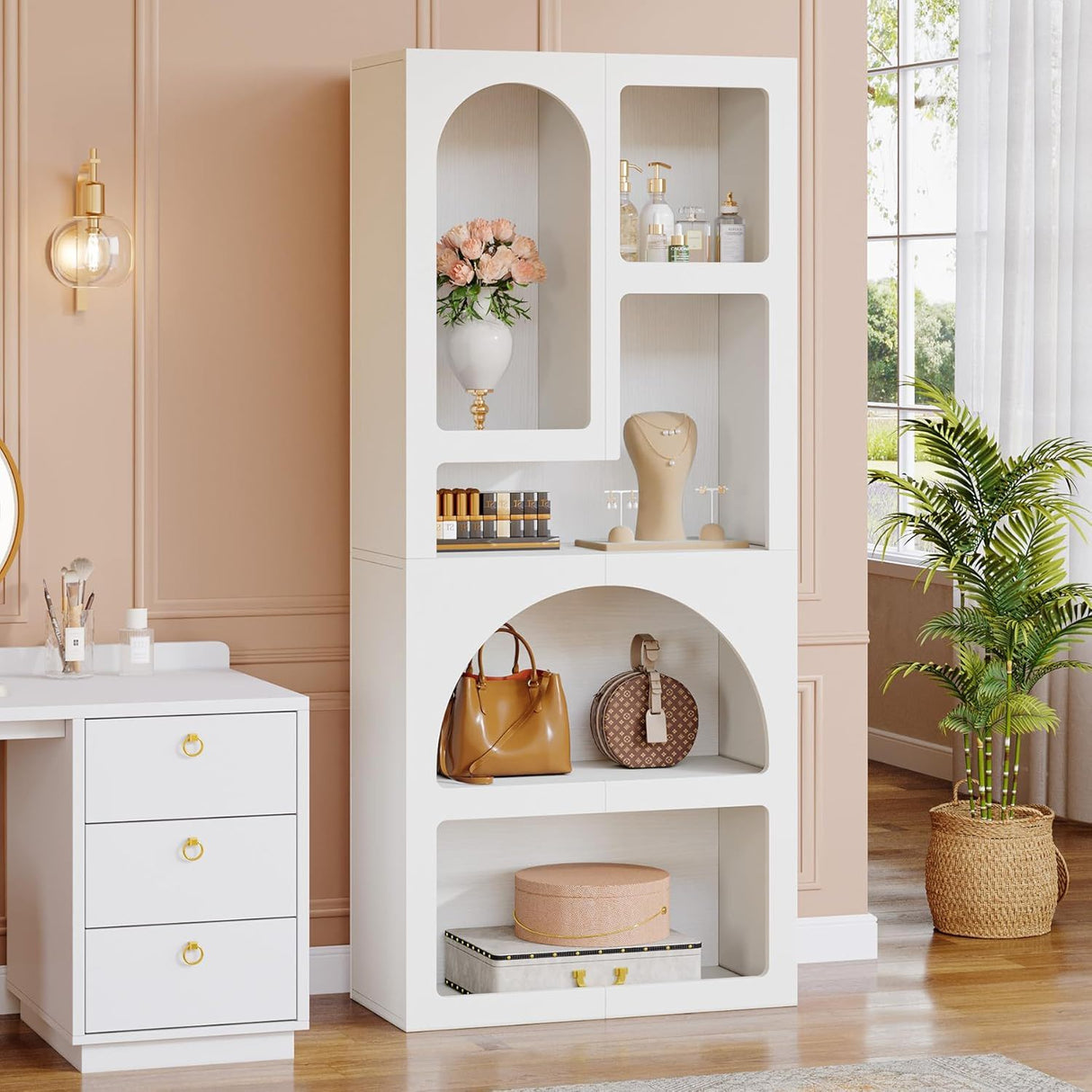 Geometric Arched 5 Shelf Art Display Bookcase for Living Room - White