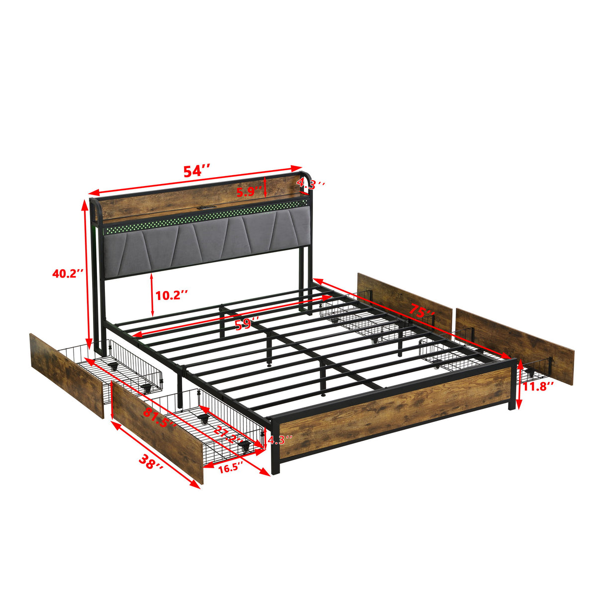 Contemporary Bed Frame With Storage Headboard, Charging Station, LED Lights