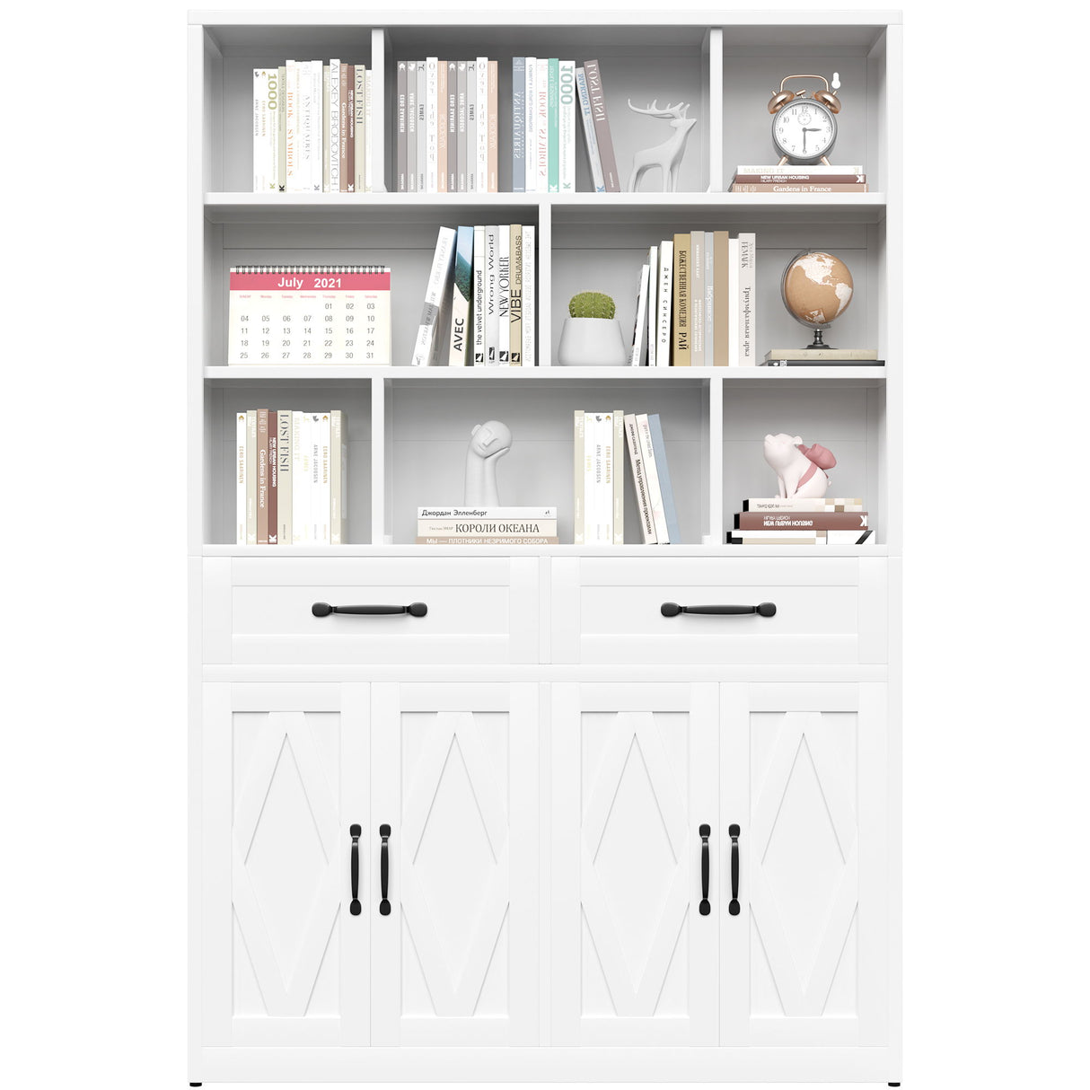 Bookcase Tall With 2 Doors & 2 Drawers, Fixed Open Shelves - White