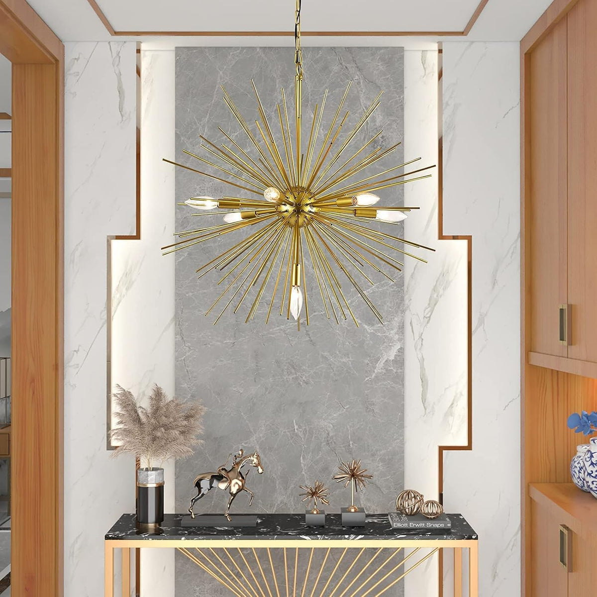 Gold Sputnik Chandelier, 7-Light Mid-Century Modern Starburst, 25.6 Inch