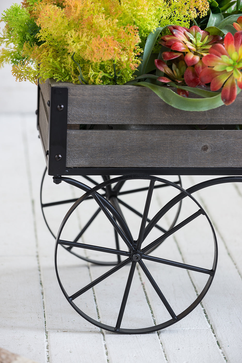 Black Iron and Pine Wood Plant Stand with Wheels